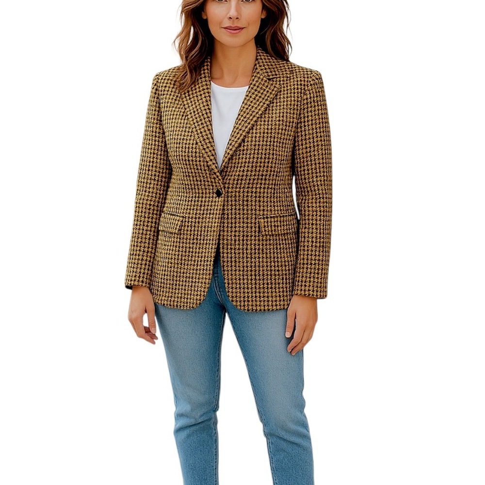 SOLD Ciani Jacket Womens M Mustard Black Houndstooth Plaid Rhinestone